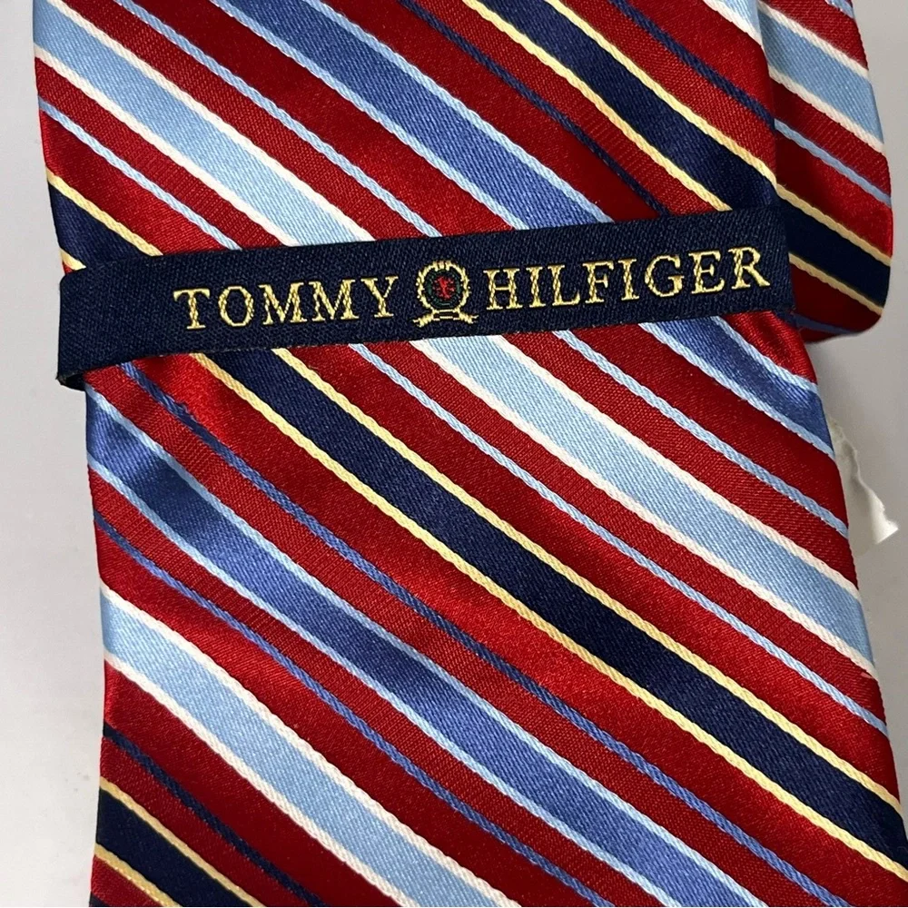 Tommy Hilfiger Men’s Silk Tie Red, Navy, Light Blue, Silver Stripe & Houndstooth